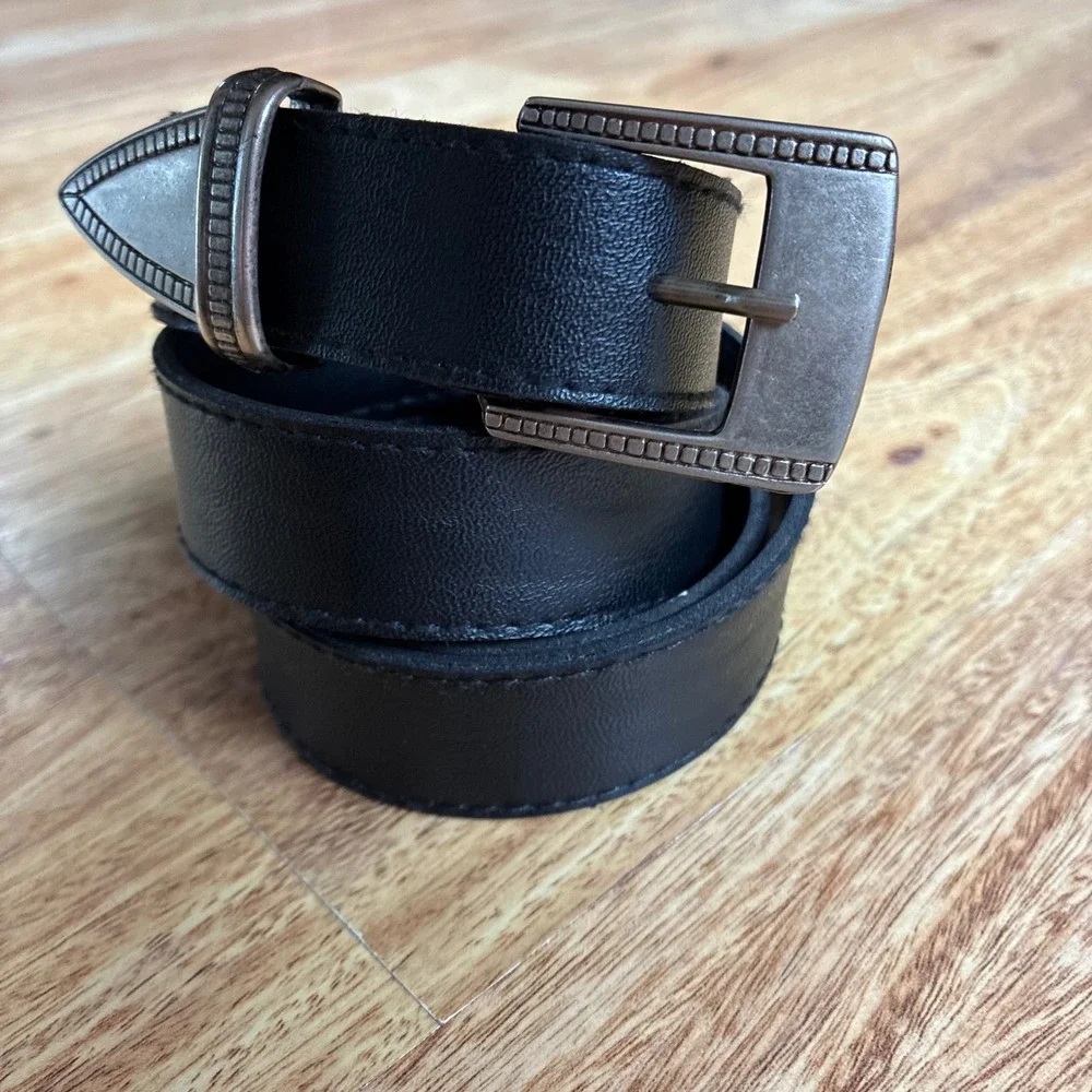 Vintage Western Belt Black Silver Buckle Tip Cowboy Boho Etched Metal Statement